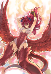 Rule 34 | 1girl, armpits, claws, dutch angle, feathered wings, from below, fureriana, harpy, horns, long hair, monster girl, orange eyes, ran&#039;ou (tamago no kimi), red hair, shinrabanshou, sky, tail, thighhighs, wings