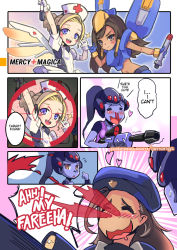 Rule 34 | 4girls, adapted costume, aged down, ana (overwatch), arm up, armor, beret, blonde hair, blood, blue eyes, blue gloves, blush, blush stickers, bodysuit, bracer, breasts, brown eyes, brown hair, center opening, character name, closed mouth, colored skin, comic, commentary, crosshair, dark-skinned female, dark skin, drooling, embarrassed, excessive nosebleed, eye of horus, eyebrows, facial mark, facial tattoo, from side, full moon, gloves, gun, hair tubes, hat, head-mounted display, heart, highres, hm (hmongt), holding, holding gun, holding staff, holding weapon, incest, long hair, looking at viewer, m/, magical girl, mechanical wings, medium breasts, mercy (overwatch), midriff, missile, moon, mother and daughter, multiple girls, navel, nose plug, nosebleed, nurse cap, open mouth, overwatch, overwatch 1, pauldrons, pharah (overwatch), pinky out, ponytail, power armor, power suit, purple hair, purple skin, rifle, rocket, scope, shoulder armor, shoulder pads, small breasts, smile, sniper rifle, sparkle, spoken heart, staff, tattoo, upper body, weapon, white gloves, widowmaker (overwatch), wings, yellow eyes