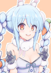Rule 34 | 1girl, :d, absurdres, animal ear fluff, animal ears, bare shoulders, blue hair, braid, breasts, brown background, carrot hair ornament, commentary request, dress, food-themed hair ornament, fur-trimmed gloves, fur trim, gloves, grey gloves, hair between eyes, hair ornament, hands up, highres, hololive, long hair, looking at viewer, multicolored hair, open mouth, orange eyes, outline, rabbit ears, short eyebrows, simple background, small breasts, smile, solo, strapless, strapless dress, takunama, teeth, thick eyebrows, twin braids, twintails, two-tone hair, upper body, upper teeth only, usada pekora, usada pekora (1st costume), virtual youtuber, white dress, white hair, white outline