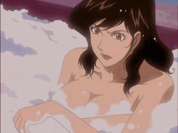 Rule 34 | 1girl, animated, animated gif, anime screenshot, bath, bathing, breasts, censored, censored nipples, convenient censoring, covering breasts, covering privates, hands on own chest, large breasts, lupin iii, mine fujiko, nude, screencap, soap bubbles, soap censor, tagme