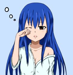 Rule 34 | 1girl, arute arisu, blue background, blue hair, breasts, brown eyes, cleavage, collar, fairy tail, flat chest, long hair, looking at viewer, off shoulder, one eye closed, open mouth, shirt, simple background, solo, upper body, wendy marvell, white shirt
