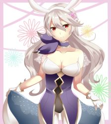Rule 34 | 1girl, alternate costume, animal ears, ary fehdqx, breasts, choker, cleavage, corrin (female) (fire emblem), corrin (fire emblem), fake animal ears, fire emblem, fire emblem fates, fire emblem heroes, flower, frilled choker, frills, gloves, hair flower, hair ornament, highres, long hair, medium breasts, nintendo, pantyhose, parted lips, pointy ears, rabbit ears, red eyes, solo, white gloves, white hair, white pantyhose