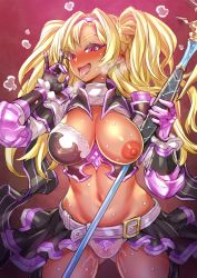 Rule 34 | 1girl, alternate color, armor, blonde hair, blush, breastplate, breasts, cameltoe, dark-skinned female, dark skin, female focus, gauntlets, gluteal fold, granblue fantasy, granblue fantasy versus, hand gesture, heavy breathing, large breasts, long hair, looking at viewer, mimonel, navel, nipples, one breast out, open mouth, panties, polearm, purple eyes, pussy juice, skirt, smile, solo, spear, tongue, tongue out, twintails, underwear, weapon, wet, wet clothes, wet panties, zeta (granblue fantasy)