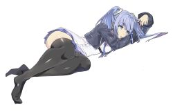 Rule 34 | azur lane, blue eyes, blue hair, blue neckwear, bored, buttons, commentary request, full body, twirling hair, jacket, long sleeves, lying, medium hair, no shoes, on side, open mouth, partial commentary, pleated skirt, shirotae moyashi, shirt, simple background, skirt, solo, thighhighs, thighs, twintails, vincennes (azur lane), white background, white shirt, zettai ryouiki