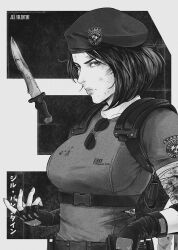Rule 34 | 1girl, bandages, belt, blood, breasts, fingerless gloves, gloves, greyscale, hat, highres, jhony caballero, jill valentine, knife, large breasts, monochrome, resident evil, resident evil (remake), resident evil 1, shirt, short hair, short sleeves, sunglasses, torn clothes