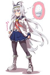 Rule 34 | 1girl, ahoge, animal ears, belt, blue eyes, blue sailor collar, blue skirt, blush, boots, bowl, clenched hands, closed mouth, commentary, frown, full body, grey belt, grey footwear, grey hair, grey pantyhose, hair ornament, highres, horse ears, horse girl, horse tail, imagining, inoue kouji, jacket, long hair, looking to the side, midriff peek, miniskirt, multicolored hair, navel, neckerchief, oguri cap (umamusume), pantyhose, pleated skirt, red neckerchief, rice, sailor collar, shadow, shirt, simple background, skirt, solo, standing, tail, translated, two-tone hair, umamusume, white background, white jacket, white shirt, wind