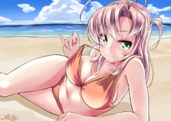 Rule 34 | 10s, 1girl, antenna hair, armpits, beach, bikini, blue sky, breasts, cleavage, cloud, collarbone, day, green eyes, highres, horizon, kantai collection, kinugasa (kancolle), kinugasa kai ni (kancolle), large breasts, lying, navel, ocean, on side, outdoors, pink hair, sand, signature, sky, smile, soba chatarou (tita), solo, strap pull, swimsuit, water