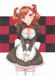 Rule 34 | 1girl, apron, bad id, bad pixiv id, blush, bow, breasts squeezed together, breasts, checkered background, cleavage, dress, frills, kirikirimai (kkm), large breasts, looking at viewer, maid, maid apron, maid headdress, orange hair, red eyes, smile, solo, standing, thighhighs, traditional media, twintails, zettai ryouiki