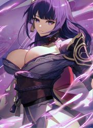 Rule 34 | 1girl, armor, blunt bangs, breasts, cleavage, closed mouth, cowboy shot, electricity, eyebrows hidden by hair, genshin impact, highres, japanese clothes, kimono, kimono pull, koharu1807, large breasts, long hair, long sleeves, looking at viewer, neck ribbon, obi, purple background, purple eyes, purple hair, purple kimono, raiden shogun, red ribbon, ribbon, sash, shoulder armor, shrug (clothing), solo, tassel, very long hair
