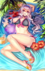 Rule 34 | 1girl, arms up, bare legs, beach, bikini, blush, bracelet, breast slip, breasts, cameltoe, drink, drinking straw, feet, flower, front-tie top, full body, hairband, hibiscus, high heels, highres, idolmaster, idolmaster (classic), jewelry, juice, large breasts, long hair, lying, mouth hold, navel, nipple slip, nipples, on back, one breast out, open shoes, orange juice, purple eyes, sandals, shijou takane, shiny skin, shoes, side-tie bikini bottom, silver hair, smile, solo, st.microscope, swimsuit, thighs, toes