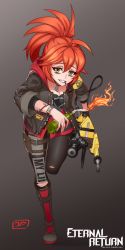 Rule 34 | 1girl, adriana rivera, black survival, breasts, cleavage, fire, flamethrower, gas mask, high ponytail, highres, jacket, leather, leather jacket, long hair, looking at viewer, mask, medium breasts, molotov cocktail, mouth hold, smoking pipe, pipe in mouth, red hair, solo, standing, standing on one leg, torn clothes, torn legwear, vermillion dice, weapon, yellow eyes
