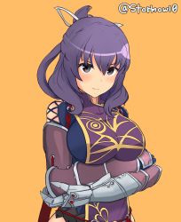 Rule 34 | 1girl, absurdres, ao no kiseki, arm guards, blush, breast hold, breasts, china dress, chinese clothes, clawed gauntlets, closed mouth, commentary, crossed arms, dress, eiyuu densetsu, embarrassed, english commentary, falcom, hair between eyes, hair ribbon, highres, large breasts, medium hair, orange background, purple dress, purple eyes, purple hair, ribbon, rixia mao, simple background, solo, stormowl0, tabard, twitter username, upper body