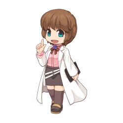 Rule 34 | 1girl, :d, black footwear, black skirt, blue eyes, bow, bowtie, brown bow, brown bowtie, brown hair, brown socks, chibi, chibi only, clipboard, coat, flower, flower brooch, full body, holding, holding clipboard, index finger raised, kneehighs, lab coat, looking at viewer, official art, open mouth, pencil skirt, pink shirt, purple flower, purple rose, ragnarok online, rose, shirt, shoes, short hair, sierra morris, simple background, skirt, smile, socks, solo, standing, transparent background, white coat, yuichirou