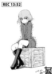 Rule 34 | 10s, 1girl, artist name, boots, character name, closed mouth, crate, dated, frown, girls und panzer, goshaku tama, greyscale, have to pee, katyusha (girls und panzer), knee boots, long sleeves, looking at viewer, monochrome, one-hour drawing challenge, pravda military uniform, recording, short hair, short jumpsuit, signature, sitting, solo, tearing up, tears, trembling