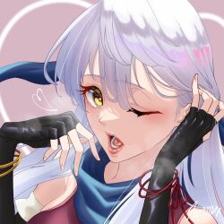 Rule 34 | 1girl, bare shoulders, black gloves, blue scarf, commentary, fingerless gloves, fire emblem, fire emblem: radiant dawn, gloves, grey background, highres, long hair, looking at viewer, marth-chan (micaiah mrmm), micaiah (fire emblem), nintendo, one eye closed, open mouth, pink lips, scarf, simple background, solo, teeth, tongue, upper body, white hair, yellow eyes