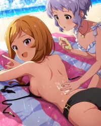 Rule 34 | 2girls, ass, beach, beach towel, bikini, breasts, brown hair, card (medium), cleavage, cloud, idolmaster, idolmaster million live!, idolmaster million live! theater days, jewelry, lotion, lotion bottle, makabe mizuki, medium breasts, momose rio, multiple girls, necklace, official art, open mouth, purple hair, red eyes, small breasts, swimsuit, towel, water, yellow eyes