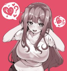 Rule 34 | 1girl, ?, absurdres, ahoge, belt, blush, bonnggu223, breasts, cleavage, commentary, cowboy shot, cropped shirt, drooling, ear piercing, english commentary, eyelashes, hair intakes, hands in hair, heart, heart-shaped pupils, highres, large breasts, long hair, looking at viewer, midriff, monochrome, navel, open mouth, original, piercing, pink background, pink theme, saliva, shirt, short sleeves, sidelocks, simple background, smile, solo, spoken heart, spoken question mark, sweat, symbol-shaped pupils, t-shirt, wavy hair