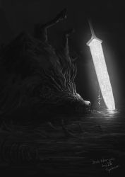 Rule 34 | artist name, bloodborne, commentary request, from side, glowing, glowing sword, glowing weapon, greyscale, highres, ludwig the accursed, monochrome, monster, moonlight greatsword, no humans, skull, sword, teeth, tripdancer, water, weapon