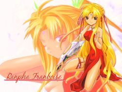 Rule 34 | 00s, 1girl, bare legs, bare shoulders, blonde hair, bracelet, brown eyes, character name, dagger, dress, facial mark, forehead mark, galaxy angel, hair ornament, hairclip, jewelry, knife, long hair, looking at viewer, one eye closed, on one knee, ranpha franboise, red footwear, shoes, side slit, solo, thighlet, very long hair, wallpaper, weapon