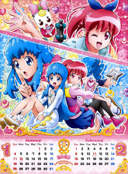 Rule 34 | 10s, 2015, 4girls, absurdres, aino megumi, back-to-back, black legwear, blue eyes, blue hair, bow, calendar, copyright name, creature, dual persona, february, happinesscharge precure!, highres, january, long hair, multiple girls, official art, one eye closed, pink bow, pink eyes, pink hair, ponytail, precure, ribbon (happinesscharge precure!), satou masayuki, shirayuki hime, shirt, shoes, short hair, sidelocks, sitting, skirt, smile, thighhighs