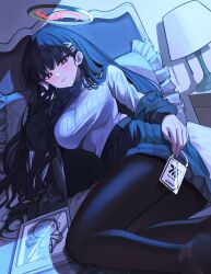 Rule 34 | 1girl, doodle sensei (blue archive), black hair, black jacket, black pantyhose, black skirt, blue archive, breasts, bright pupils, hair ornament, hairclip, halo, highres, id card, jacket, kookie, lamp, large breasts, long hair, looking at viewer, off shoulder, on bed, pantyhose, pillow, pleated skirt, red eyes, ribbed sweater, rio (blue archive), sensei (blue archive), skirt, solo, sweater, tablet pc, turtleneck, turtleneck sweater, white pupils, white sweater