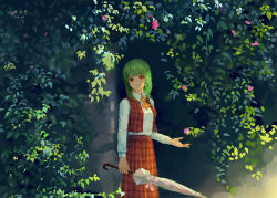 Rule 34 | 1girl, artist name, ascot, closed mouth, closed umbrella, collared shirt, commentary, dated, feet out of frame, flower, green hair, hedge, holding, holding umbrella, jessicaxx, kazami yuuka, leaf, light blush, light smile, long sleeves, looking at viewer, medium hair, open hand, orange eyes, pink flower, plaid, plaid skirt, plaid vest, red skirt, red vest, shirt, skirt, solo, standing, symbol-only commentary, touhou, umbrella, vest, white shirt, yellow ascot