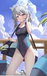Rule 34 | 1girl, absurdres, animal ear fluff, animal ears, bag, black one-piece swimsuit, blue archive, blue eyes, blue sky, breasts, cloud, competition swimsuit, covered navel, cross hair ornament, extra ears, grey hair, hair ornament, halo, highres, low ponytail, medium breasts, medium hair, mismatched pupils, multicolored clothes, multicolored swimsuit, one-piece swimsuit, railing, shiroko (blue archive), shiroko (swimsuit) (blue archive), sky, solo, swimsuit, toki88909