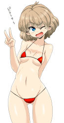 Rule 34 | 10s, 1girl, absurdres, aono3, arm behind back, bikini, blue eyes, breasts, brown hair, emblem, fang, girls und panzer, gluteal fold, hammer and sickle, highres, katyusha (girls und panzer), micro bikini, navel, one eye closed, pravda (emblem), red bikini, short hair, sideboob, small breasts, solo, standing, swimsuit, translated, underboob, uniform, v