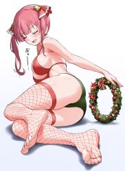Rule 34 | 1girl, absurdres, ass, bell, bikini, bikini top only, blush, breasts, christmas, christmas wreath, closed eyes, commentary, feet, fishnet thighhighs, fishnets, green bikini, green shorts, hair between eyes, hair ribbon, highres, hololive, houshou marine, large breasts, long hair, mismatched bikini, open mouth, red bikini, red hair, red ribbon, red thighhighs, ribbon, saitama (antitankromeo), shorts, simple background, solo, sweat, swimsuit, symbol-only commentary, thighhighs, twintails, virtual youtuber, wreath