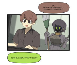 Rule 34 | 1boy, 1girl, bare shoulders, black hair, black shirt, breasts, broom, brown eyes, brown hair, colored speech bubble, crop top, dark skin, dot-matrix, english text, gomulgong, green eyes, holding, holding broom, humanoid robot, indoors, joints, looking at another, metal skin, monitor, original, robot, robot girl, robot girl (gomulgong), robot joints, shirt, shorts, sweat