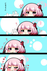 Rule 34 | 1girl, 1other, 4koma, :o, :t, absurdres, blue archive, blush, chibi, closed eyes, closed mouth, comic, commentary request, eimi (blue archive), gloves, halo, hands up, headgear, headphones, headphones around neck, highres, kurukurumagical, notice lines, out of frame, parted lips, pink eyes, pink hair, sensei (blue archive), translation request, white gloves