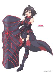 Rule 34 | 1girl, :d, ahoge, armor, bare shoulders, black armor, black hair, bob cut, boots, character name, flower, full body, hair flower, hair ornament, highres, holding, holding shield, honjou kaede, itai no wa iya nano de bougyoryoku ni kyokufuri shitai to omoimasu, looking at viewer, maple (bofuri), open mouth, porco1127, purple eyes, red thighhighs, shield, short hair, simple background, smile, solo, thigh boots, thighhighs, white background