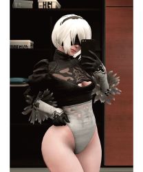 Rule 34 | 1girl, 2b (nier:automata), 3d, black blindfold, black legwear, blindfold, boots, breasts, cellphone, cleavage, cleavage cutout, clothing cutout, elbow gloves, gloves, hairband, highleg, highleg leotard, highres, juliet sleeves, large breasts, leotard, lips, long sleeves, marianart (porongoneitor), nier:automata, nier (series), phone, puffy sleeves, selfie, short hair, sitting, smile, solo, standing, thighs, thong leotard, white hair, wide hips