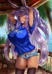 Rule 34 | 1girl, alternate breast size, alternate costume, animal ears, armpit peek, arms up, beach, black panties, black thighhighs, blue shirt, breasts, closed mouth, collarbone, cowboy shot, dark-skinned female, dark skin, day, egyptian, facepaint, facial mark, fate/grand order, fate (series), hairband, highres, jackal ears, large breasts, long hair, looking at viewer, nitocris (fate), open fly, outdoors, panties, purple eyes, purple hair, shirt, short shorts, short sleeves, shorts, sidelocks, skindentation, solo, t-shirt, takecha, thighhighs, underwear, very long hair