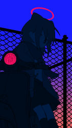 Rule 34 | 1girl, animal ears, blue sky, chain-link fence, coat, commentary, extra ears, feet out of frame, fence, floating hair, from side, gradient sky, hair behind ear, halo, headlight, highres, kneehighs, leaning on object, looking at viewer, looking to the side, lurenjia, moped, motor vehicle, one eye covered, open clothes, open coat, orange sky, original, partially colored, pink sky, pleated skirt, scarf, shirt tucked in, skirt, sky, socks, solo, twilight