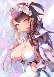Rule 34 | 1girl, absurdres, armor, backless dress, backless outfit, black hair, bow, braid, breasts, center opening, dress, earrings, flower, french braid, gem, hair bow, hair flower, hair ornament, hairband, highres, jewelry, large breasts, light rays, long hair, looking at viewer, multicolored hair, nijisanji, official alternate costume, red eyes, red hair, ribbon, shoulder armor, single bare shoulder, smile, solo, sparkle, spiked hairband, spikes, split-color hair, streaked hair, two-tone hair, two side up, upper body, velceed, virtual youtuber, white bow, white dress, white flower, white hair, white ribbon, yorumi rena, yorumi rena (8th costume)