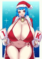 Rule 34 | 1girl, absurdres, bell, bikini, blue background, blue hair, blush, border, borrowed character, breasts, coat, cowboy shot, gigantic breasts, gradient background, highres, holding, long sleeves, looking at viewer, navel, neck bell, open mouth, original, pclle2, red bikini, red coat, red eyes, rina atherina, shadow, short hair, smile, solo, swimsuit, white border