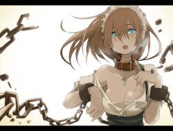 Rule 34 | 1girl, bdsm, blush, breasts, broken, brown hair, chain, cleavage, collar, collarbone, cross, cuffs, ear tag, earrings, fang, highres, jewelry, letterboxed, maid, maid headdress, medium breasts, name tag, open mouth, original, shackles, solo, takagi (tansuke), tansuke, tears, torn clothes