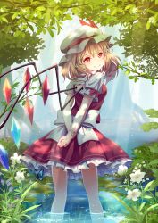 Rule 34 | 1girl, arms behind back, asymmetrical hair, blonde hair, bug, butterfly, dappled sunlight, dress, flandre scarlet, flower, forest, hat, hat ribbon, holding own arm, bug, kneepits, looking at viewer, looking back, mob cap, monmonga, nature, pond, red dress, red eyes, ribbon, sash, side ponytail, smile, solo, sunlight, touhou, wading, water, wings