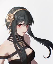Rule 34 | 1girl, absurdres, bad id, bad pixiv id, black choker, black hair, breasts, choker, collarbone, flower, grey background, hair between eyes, hair flower, hair ornament, hair over shoulder, hairband, highres, medium breasts, parted lips, red eyes, short hair with long locks, sidelocks, simple background, sketch, smile, solo, spy x family, upper body, yellow flower, yellow hairband, yor briar, yoruhare