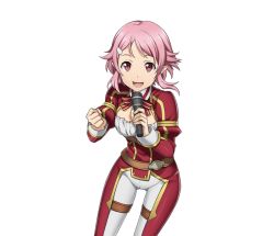 Rule 34 | 1girl, :d, hair ornament, hairclip, holding, holding microphone, lisbeth (sao-alo), looking at viewer, microphone, open mouth, pants, pink hair, pointy ears, red eyes, smile, solo, sword art online, transparent background, white pants