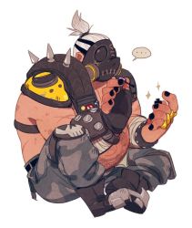 Rule 34 | ..., 1boy, applying manicure, arm wrap, armor, bad id, bad twitter id, belt, black gloves, black nails, boots, fat, fat man, fingerless gloves, fingernails, gas mask, gauntlets, gloves, hair ornament, hair tie, holding, jewelry, knee pads, male focus, male polish, mask, nail polish, nail polish bottle, overwatch, overwatch 1, painting nails, pants, pauldrons, pig tattoo, ponytail, ring, roadhog (overwatch), short ponytail, shoulder armor, simple background, single glove, sitting, skull, solo, sparkle, spikes, spoken ellipsis, stomach tattoo, tattoo, topless male, white background, white hair, x navel