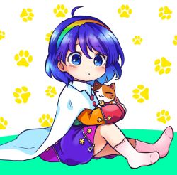 Rule 34 | ahoge, blue eyes, blue hair, blush, calico, cape, cat, cloak, dress, goutokuji mike, goutokuji mike (cat), hairband, highres, multicolored clothes, multicolored dress, multicolored hairband, orange sleeves, patchwork clothes, paw print, paw print background, pink legwear, pote (ptkan), rainbow gradient, red button, red sleeves, sitting, socks, tenkyuu chimata, torn cape, torn clothes, touhou, white cape, white cloak, zipper