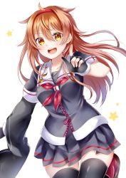 Rule 34 | 1girl, :d, ahoge, asymmetrical sleeves, black gloves, black serafuku, black skirt, black thighhighs, blush, breasts, brown eyes, brown hair, collarbone, commentary request, gloves, hair between eyes, hair flaps, hairband, highres, kantai collection, layered sleeves, long hair, long sleeves, looking at viewer, mashiro aa, medium breasts, neckerchief, open mouth, partially fingerless gloves, pleated skirt, puffy short sleeves, puffy sleeves, red footwear, red hairband, red neckerchief, round teeth, sailor collar, school uniform, serafuku, shiratsuyu (kancolle), shirt, short over long sleeves, short sleeves, simple background, skirt, smile, solo, star (symbol), teeth, thighhighs, uneven sleeves, upper teeth only, v-shaped eyebrows, very long hair, white background, white sailor collar, white shirt, zipper pull tab