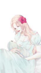 Rule 34 | 1girl, baby carry, bad id, bad twitter id, blonde hair, carrying, commentary request, dress, flower, freckles, hair flower, hair ornament, hibiscus, highres, long hair, looking down, mother and son, one piece, oppaipai, portgas d. ace, portgas d. rouge, puffy short sleeves, puffy sleeves, red lips, short sleeves, simple background, swaddled, tears, white background