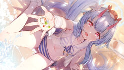 Rule 34 | beach, bikini, blue archive, blue bikini, blue hair, blue halo, breasts, camisole, chise (blue archive), chise (swimsuit) (blue archive), collarbone, commentary request, crab, crab on head, dutch angle, flower, hair flower, hair ornament, halo, highres, horns, long hair, navel, official alternate costume, on head, oni, oni horns, open mouth, paid reward available, pink eyes, reaching, reaching towards viewer, ribbon, sailor bikini, sailor collar, seashell, see-through, see-through camisole, shell, side-tie bikini bottom, side ponytail, sidelocks, sitting, small breasts, striped bikini, striped clothes, swimsuit, very long hair, wariza, white ribbon, white sailor collar, wrist ribbon, yellowpaint.