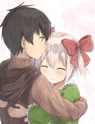 Rule 34 | 1boy, 1girl, ^ ^, black hair, blush, bow, brown sweater, closed eyes, closed mouth, commentary, dale lecky, dress, frilled sleeves, frills, green dress, green eyes, hair between eyes, hair bow, highres, hikari niji, hug, latina (uchi no musume no tame naraba), long sleeves, profile, red bow, ribbed sweater, short twintails, sidelocks, silver hair, smile, sweater, twintails, uchi no musume no tame naraba ore wa moshikashitara maou mo taoseru kamo shirenai., wide sleeves