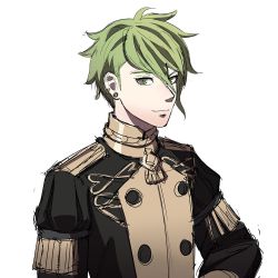 Rule 34 | 1boy, alternate costume, amami rantaro, black jacket, buttons, cheer (cheerpuppy14), closed mouth, danganronpa (series), danganronpa v3: killing harmony, double-breasted, earrings, green eyes, green hair, grey background, highres, jacket, jewelry, looking at viewer, male focus, military, military uniform, parody, short hair, simple background, smile, solo, style parody, uniform, upper body