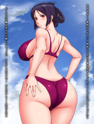 Rule 34 | 10s, 1girl, ameoto, ass, bare shoulders, bikini, breasts, cloud, day, folded ponytail, glasses, huge ass, large breasts, looking back, no eyewear, pout, purple hair, red eyes, ridget (suisei no gargantia), short hair, sideboob, sky, solo, suisei no gargantia, swimsuit, translation request, wide hips