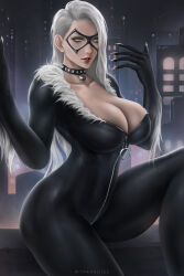 Rule 34 | 1girl, black cat (marvel), black choker, breasts, choker, cityscape, claws, cleavage, felicia hardy, highres, large breasts, long hair, looking at viewer, marvel, night, solo, spider-man (series), thighs, white hair, wtparadise